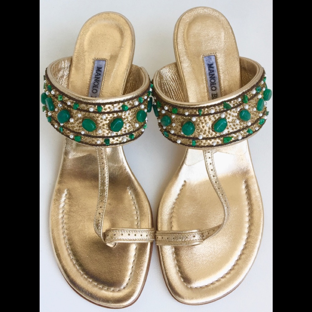 MANOLO BLAHNIK 🥰HP🥰 6.5 7 SHOE SANDAL MALACHITE - Picture 4 of 7